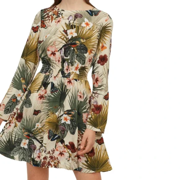H&M Tropical Safari Bird Palm Leaf Butterfly Floral Print Dress Size 4 - Picture 1 of 9